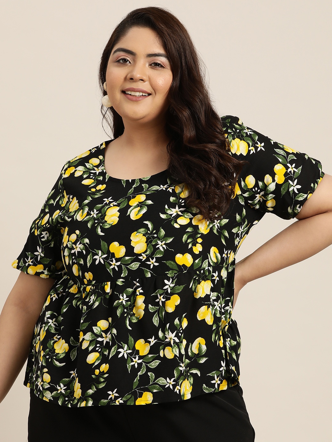 

Sztori Plus Size Print Puff Sleeve Top, Black