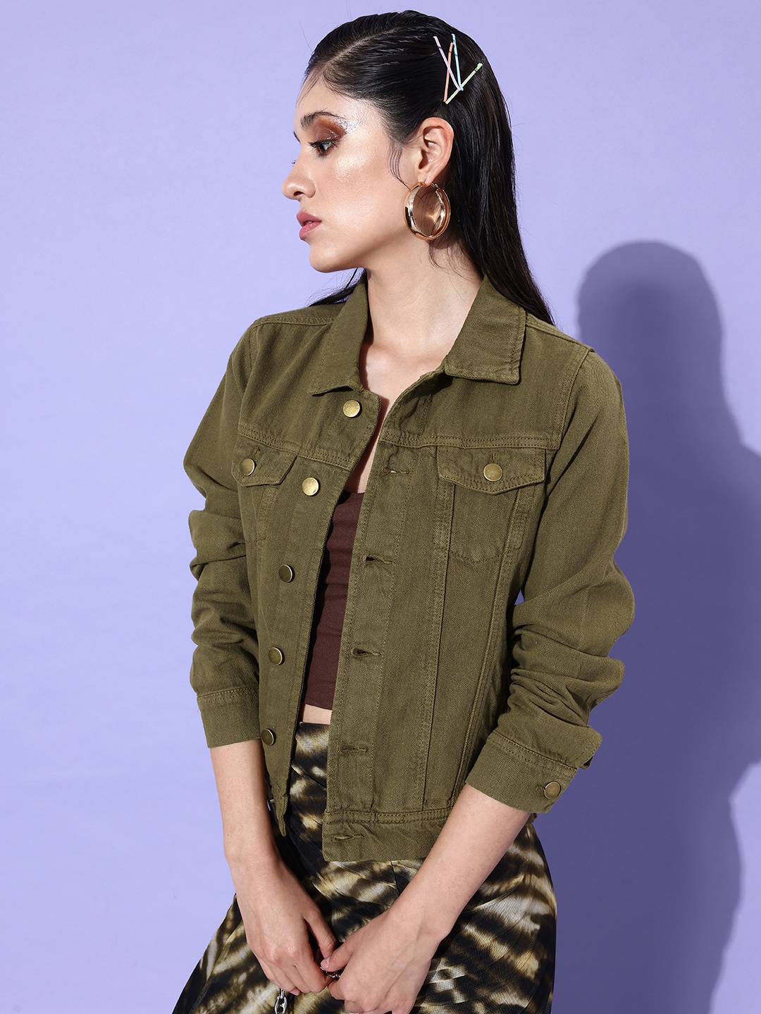 

DressBerry Solid Pure Cotton Casual Denim Jacket, Olive