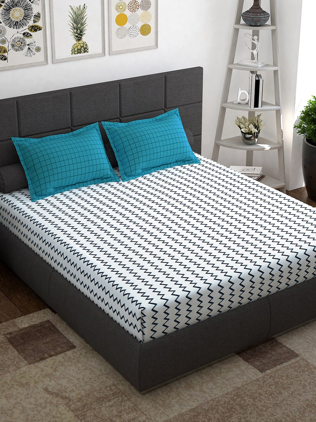 

Story@home White & Blue Geometric 144 TC Queen Cotton Bedsheet with 2 Pillow Covers