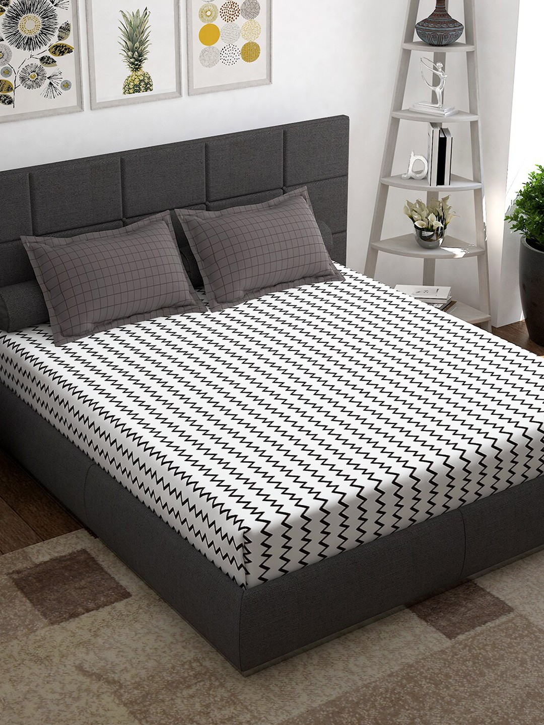 

Story@home White & Grey Geometric 144 TC Queen Cotton Bedsheet with 2 Pillow Covers