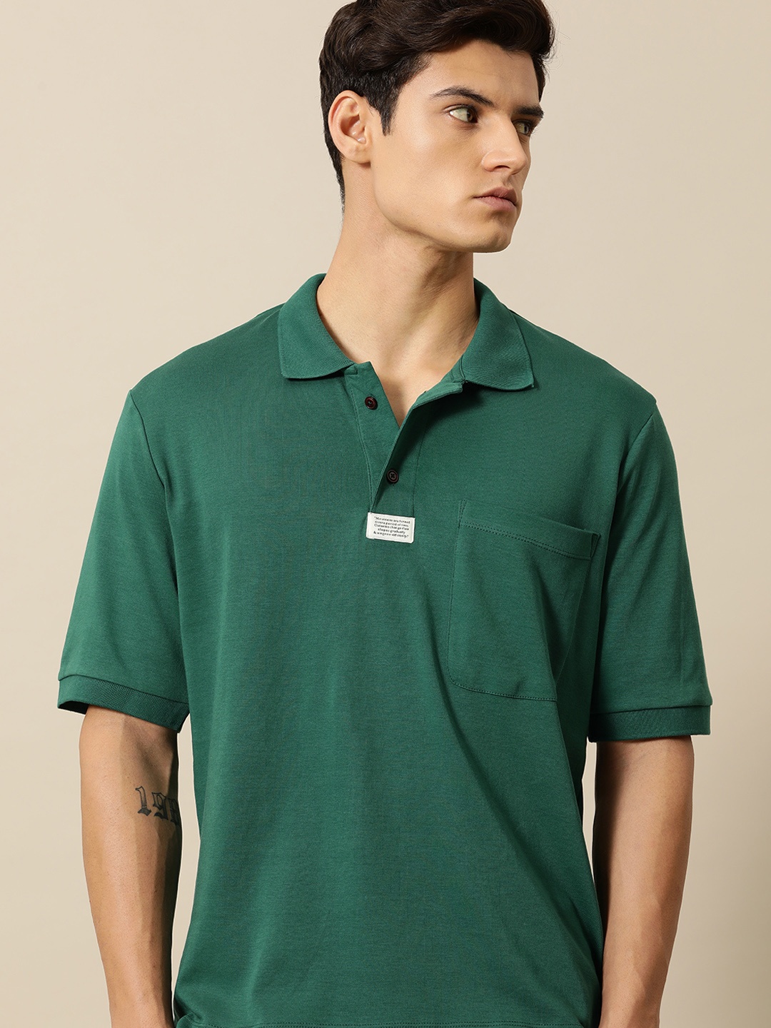 

Mr Bowerbird Men Pure Cotton Oversized Polo Collar T-shirt With Chest Pocket, Green