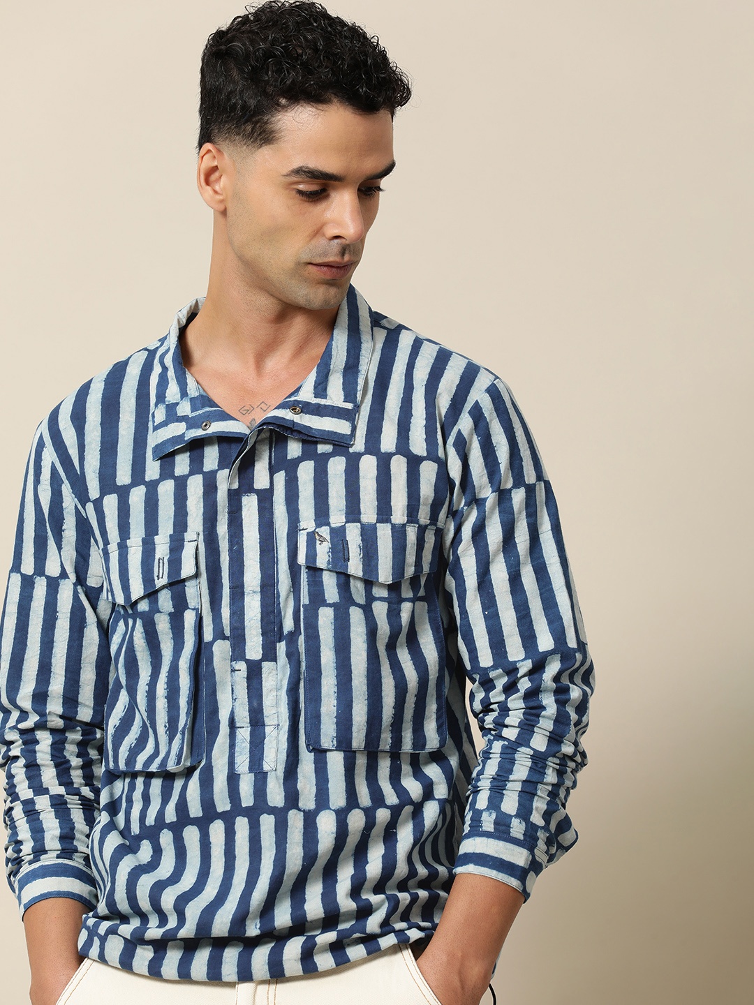 

Mr Bowerbird Pure Cotton Liberal Fit Striped Dazzle Camo Shacket, Blue