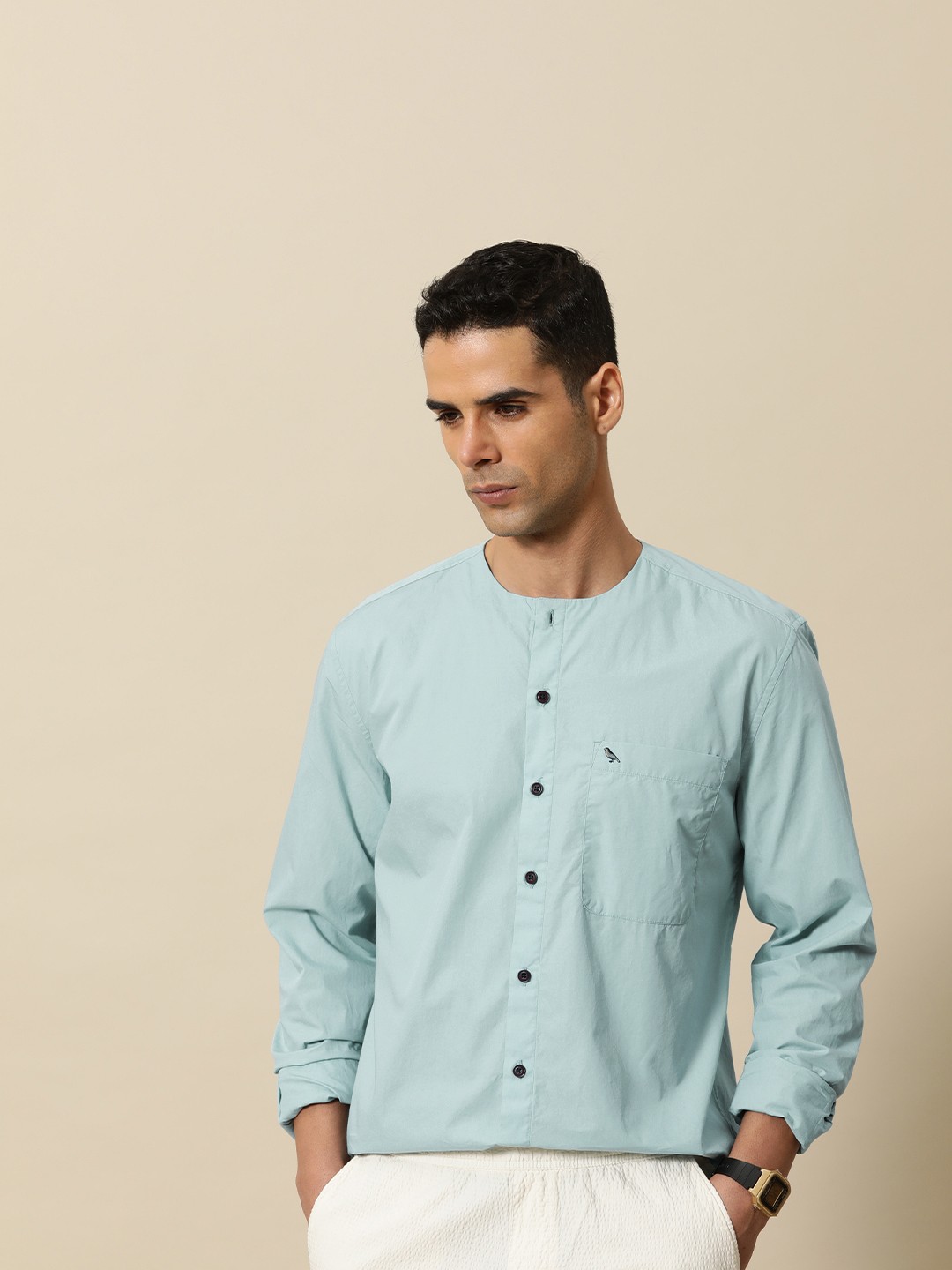 

Mr Bowerbird Men Pure Cotton Liberal Fit Band Collar Casual Shirt, Blue