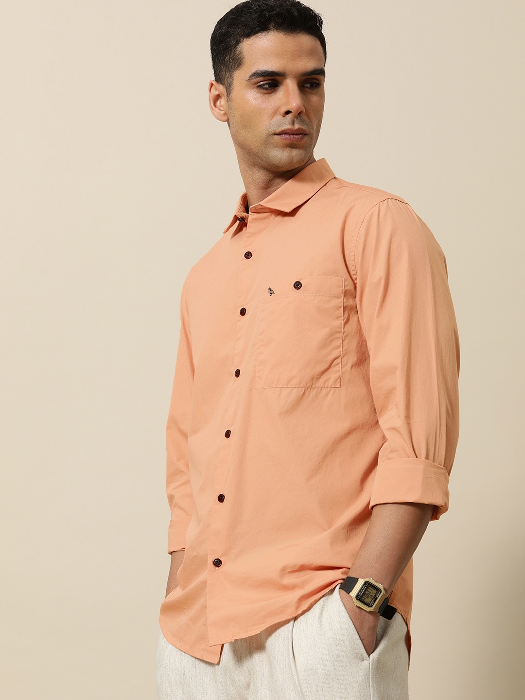 

Mr Bowerbird Men Pure Cotton Tailored Fit Spread Collar Casual Shirt, Peach
