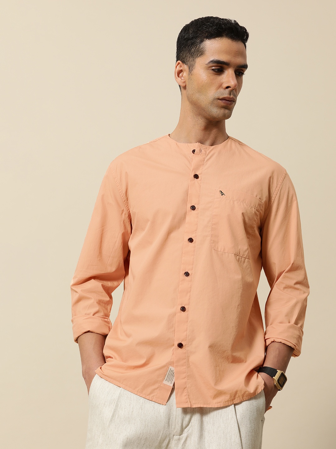 

Mr Bowerbird Men Pure Cotton Liberal Fit Band Collar Casual Shirt, Peach