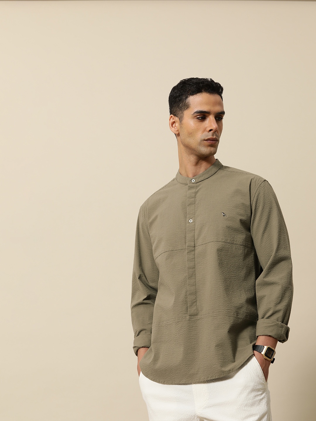 

Mr Bowerbird Men Self Design Textured Liberal Fit Band Collar Casual Shirt, Olive