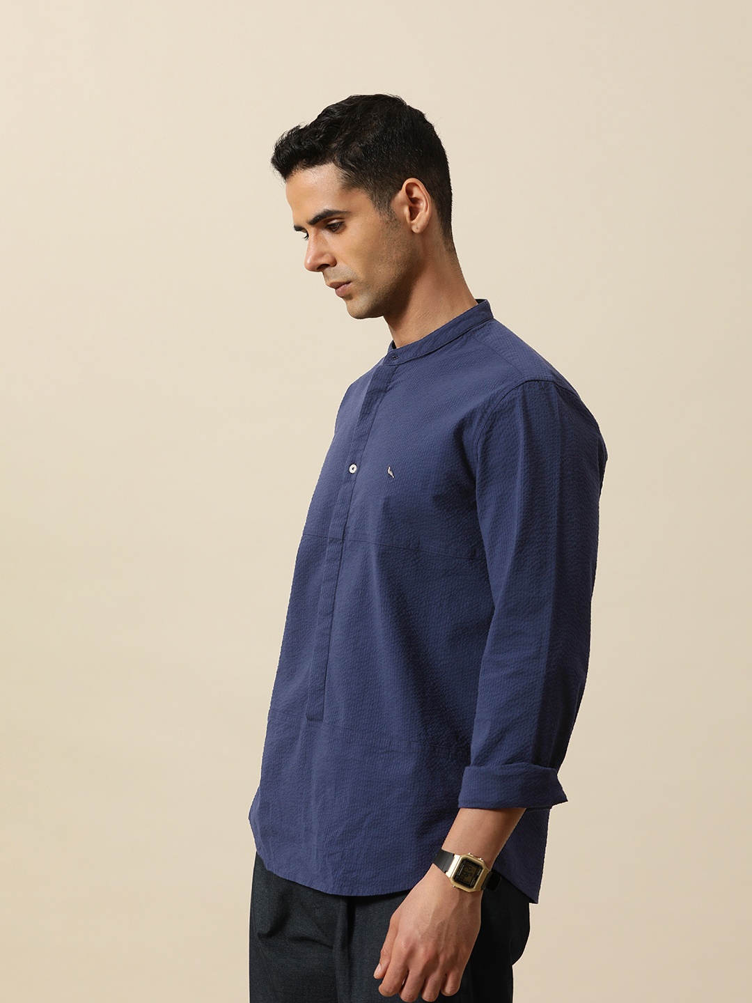 

Mr Bowerbird Men Self Design Textured Liberal Fit Band Collar Casual Shirt, Navy blue
