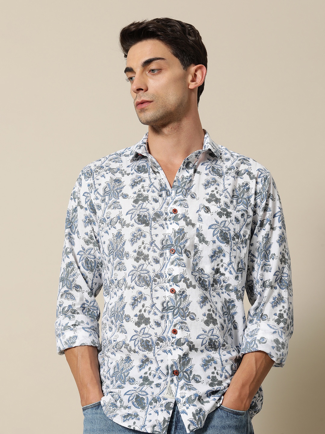 

Mr Bowerbird Pure Cotton Liberal Fit Hand Block Print Sundar Shirt, White