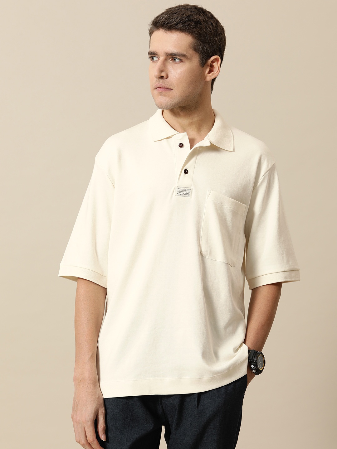 

Mr Bowerbird Men Pure Cotton Oversized Polo Collar T-shirt With Chest Pocket, Off white