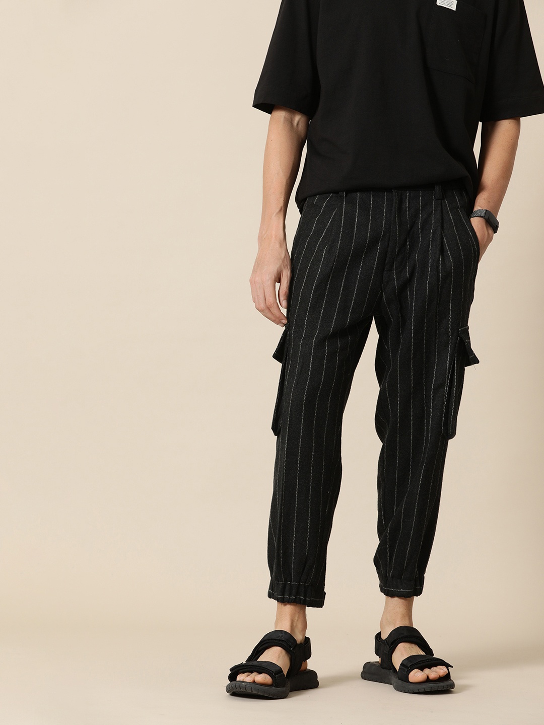 

Mr Bowerbird Men Striped Tweed Pleated Cargos Trousers, Black
