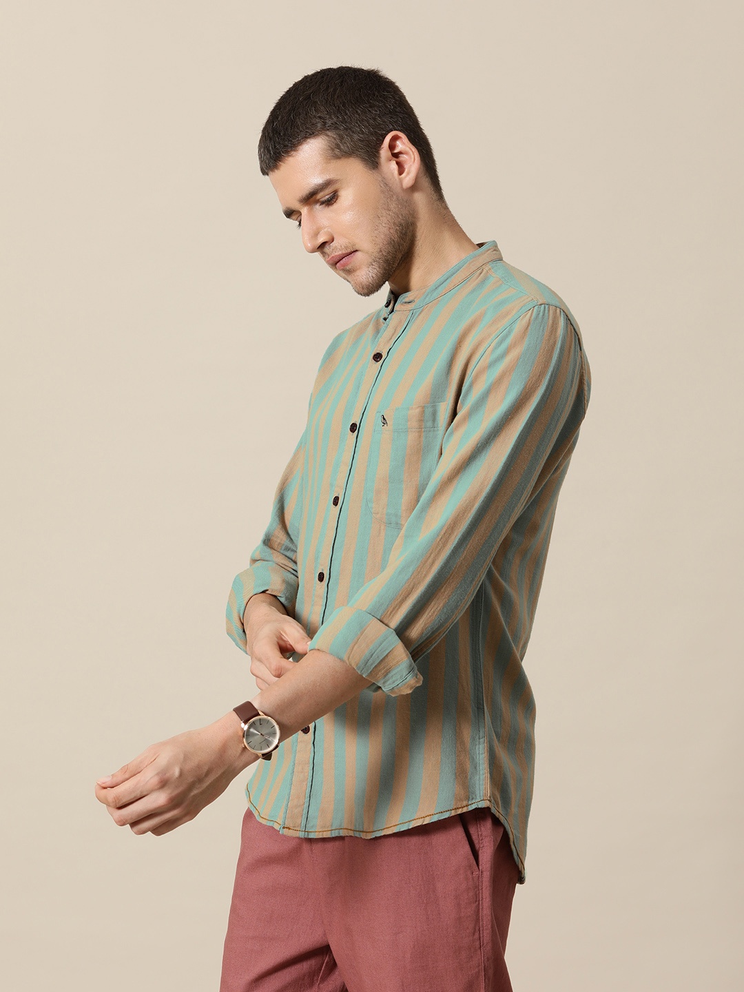 

Mr Bowerbird Men Brown Tailored Fit Opaque Striped Casual Shirt