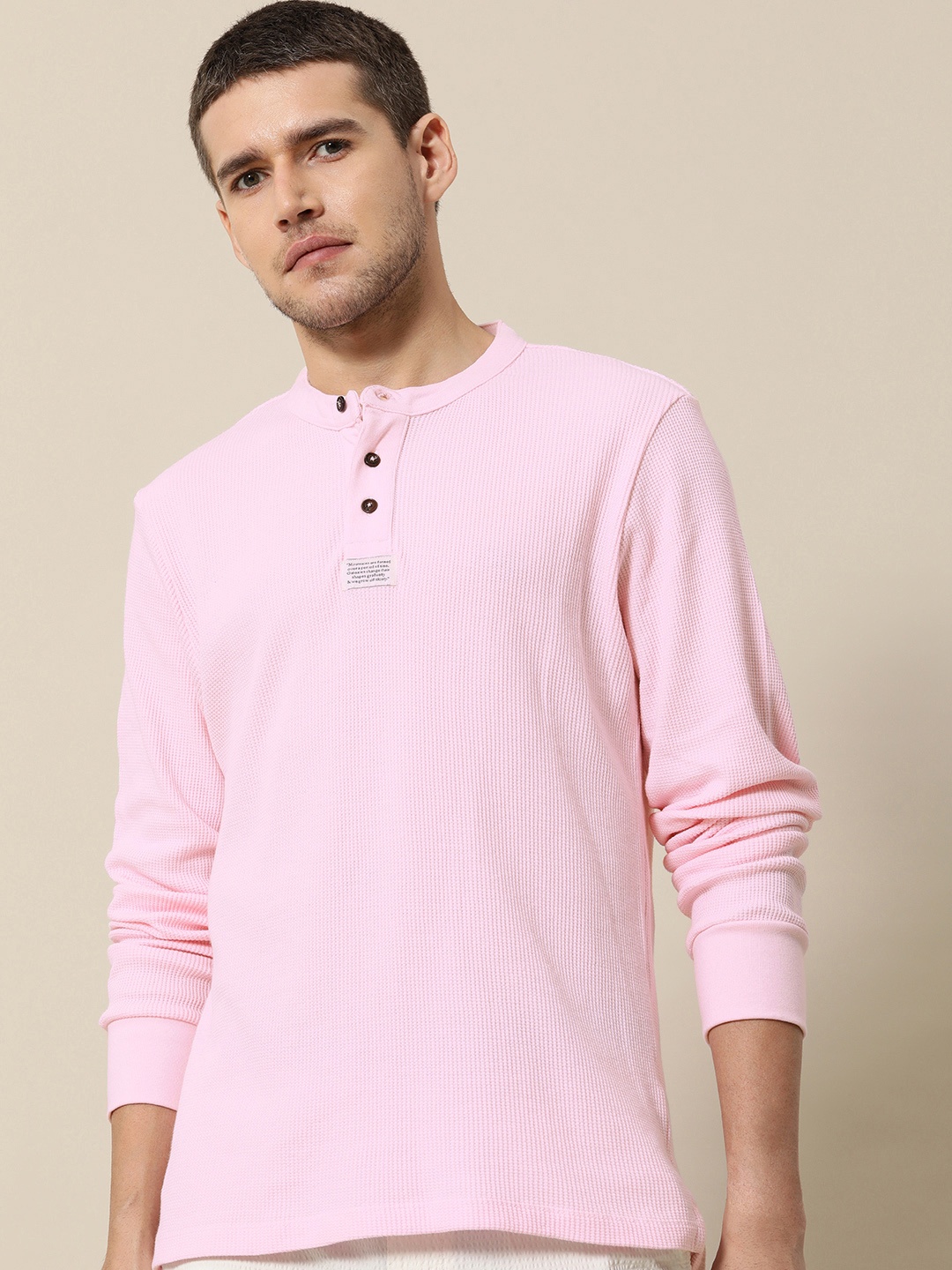 

Mr Bowerbird Self Design Henley Neck Pure Cotton Applique T-shirt, Pink