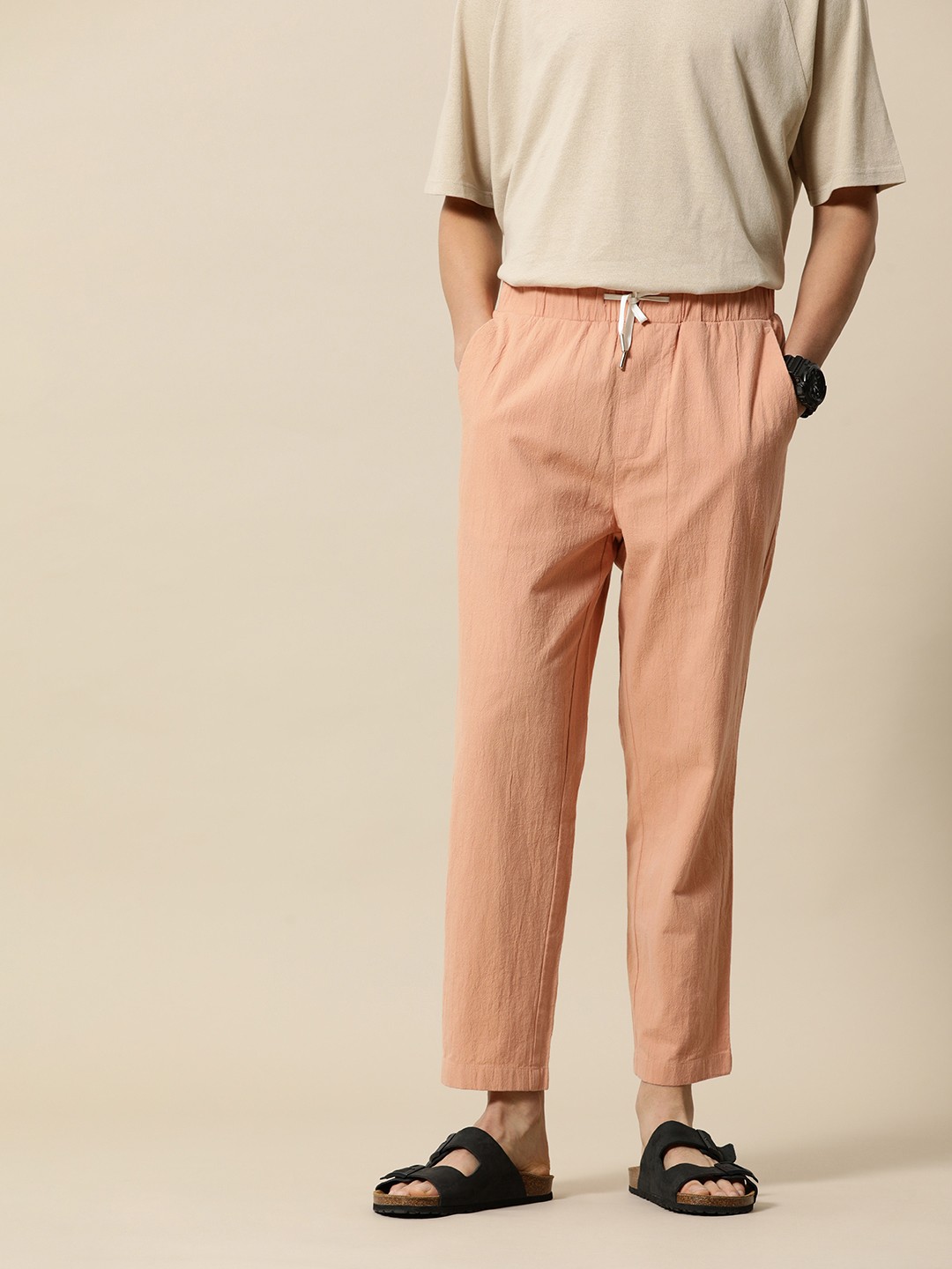 

Mr Bowerbird Men Solid Mid-Rise Pure Cotton Regular Trousers, Peach