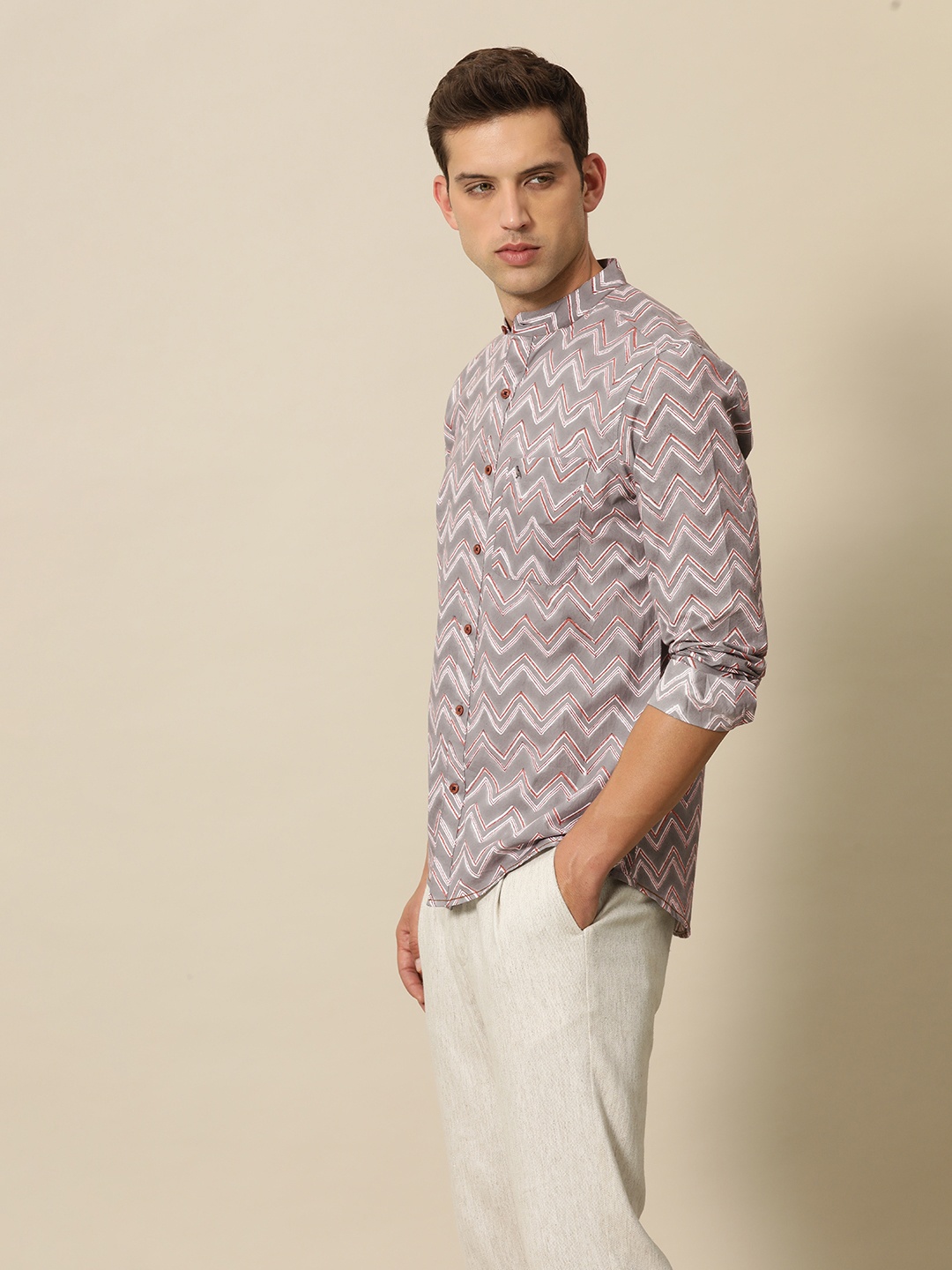 

Mr Bowerbird Pure Cotton Tailored Fit Hand Block Chevron Printed Casual Shirt, Grey
