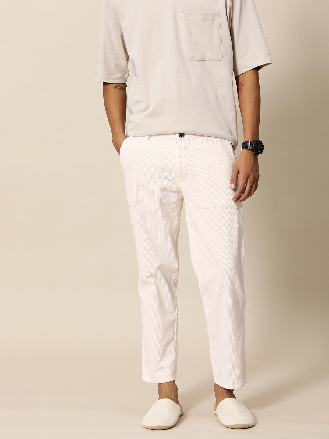 

Mr Bowerbird Men Pure Cotton Mid-Rise Tailored Fit Corduroy Trousers, White