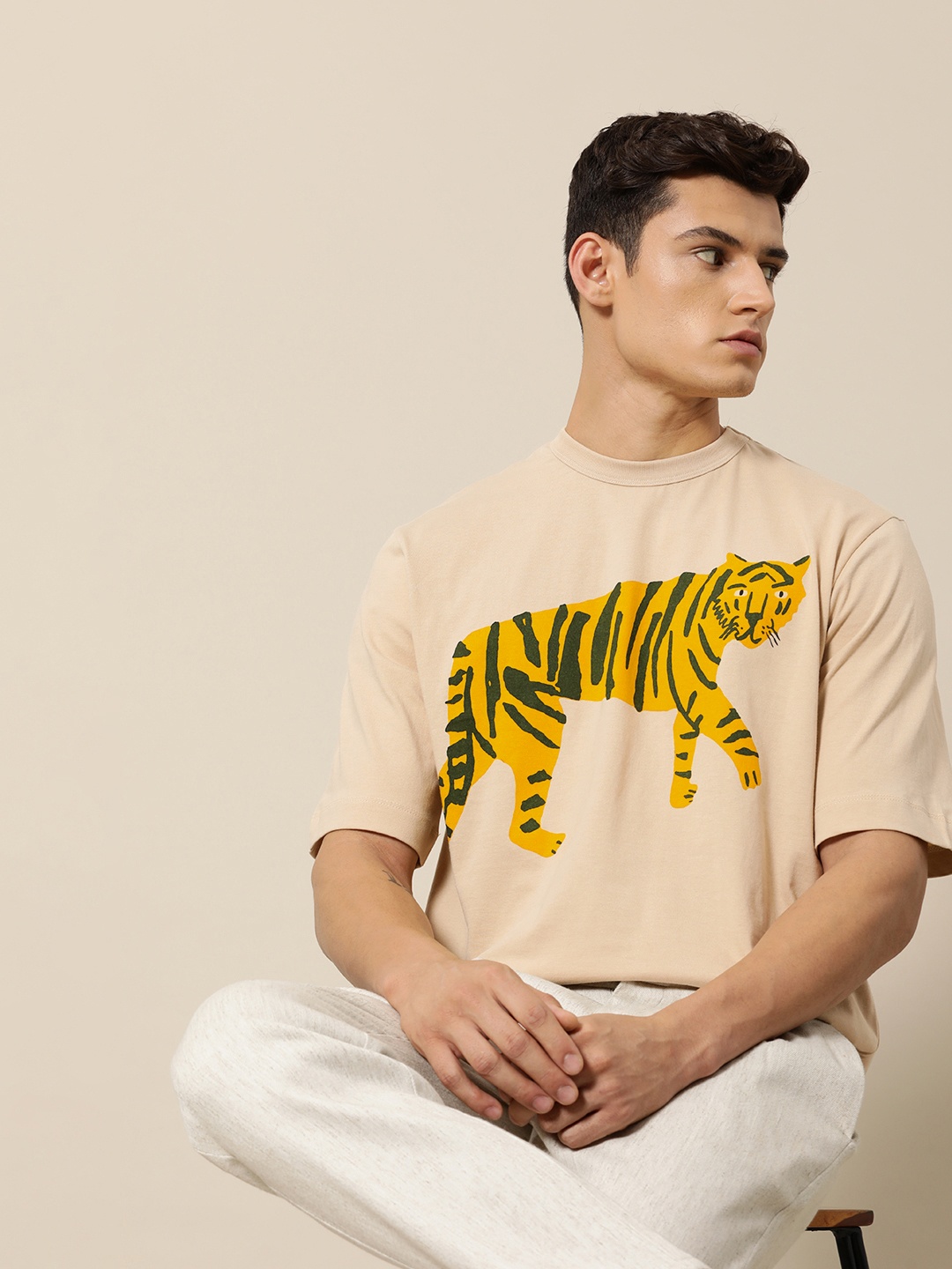 

Mr Bowerbird Men Pure Cotton Liberal Fit Tiger Print T-shirt, Beige