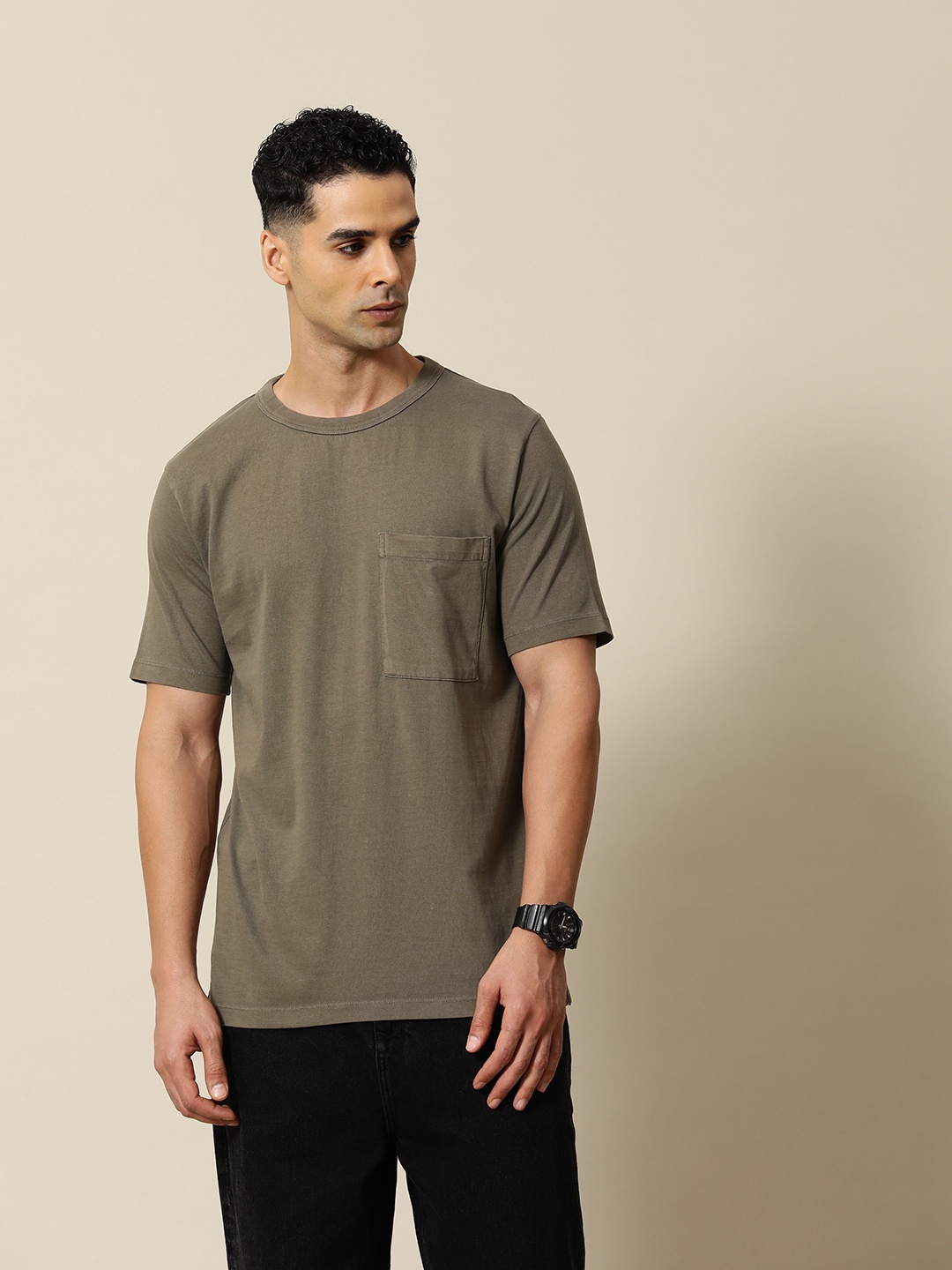 

Mr Bowerbird Pure Cotton Liberal Fit Garment Dyed Pocket T-shirt, Taupe