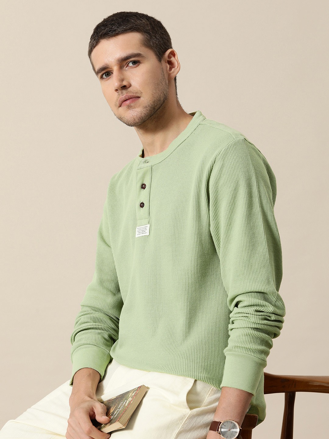 

Mr Bowerbird Self Design Henley Neck Pure Cotton Applique T-shirt, Green