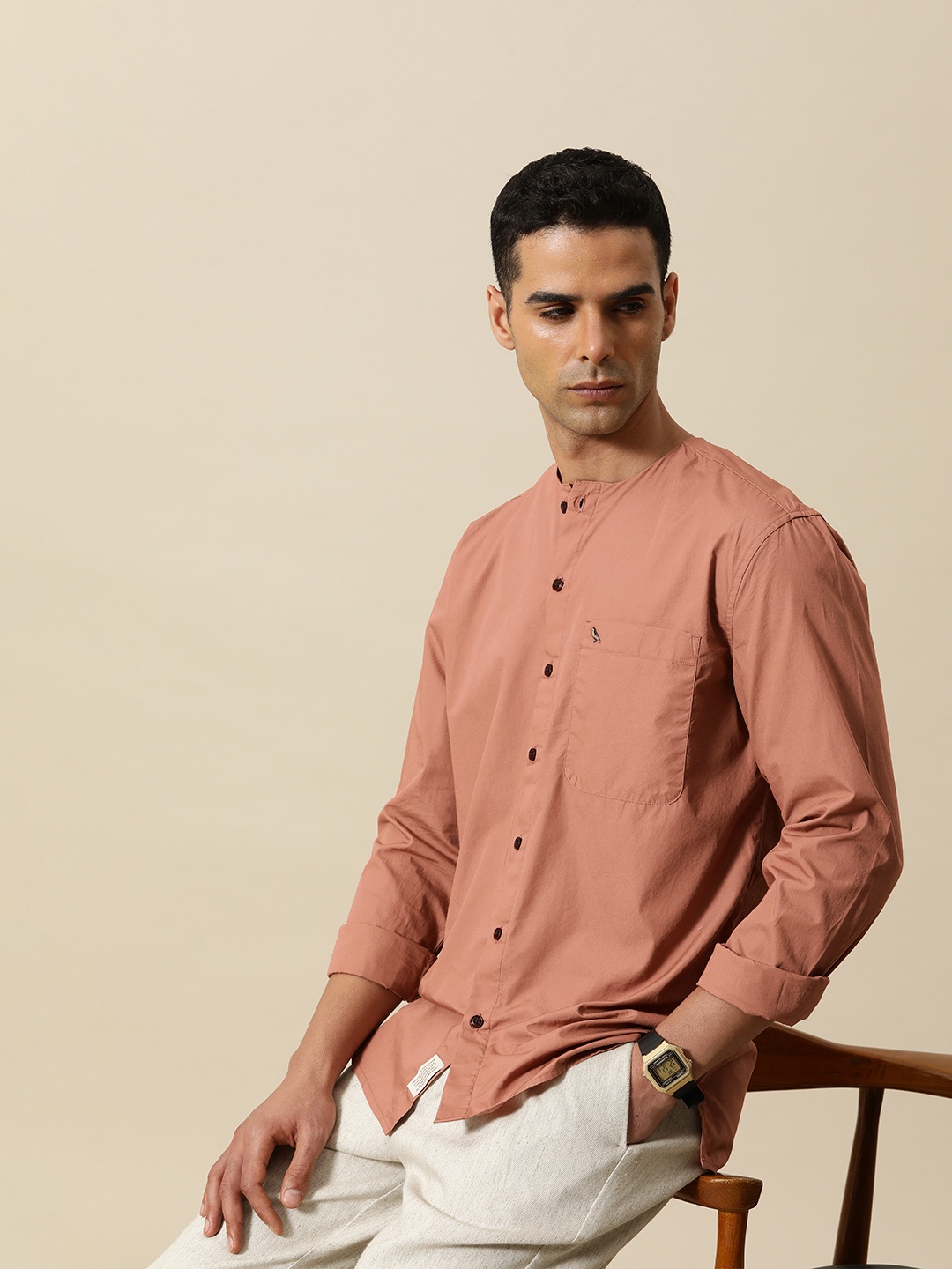 

Mr Bowerbird Men Pure Cotton Liberal Fit Band Collar Casual Shirt, Peach