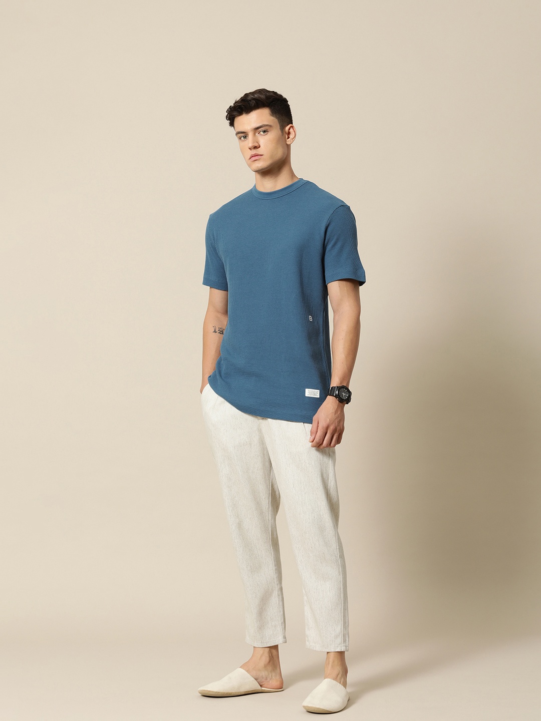 

Mr Bowerbird Pure Cotton Self Design T-shirt, Blue