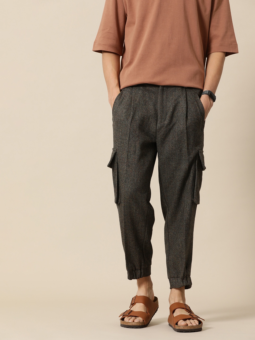 

Mr Bowerbird Men Chevron Self Design Tweed Pleated Cargos Trousers, Brown