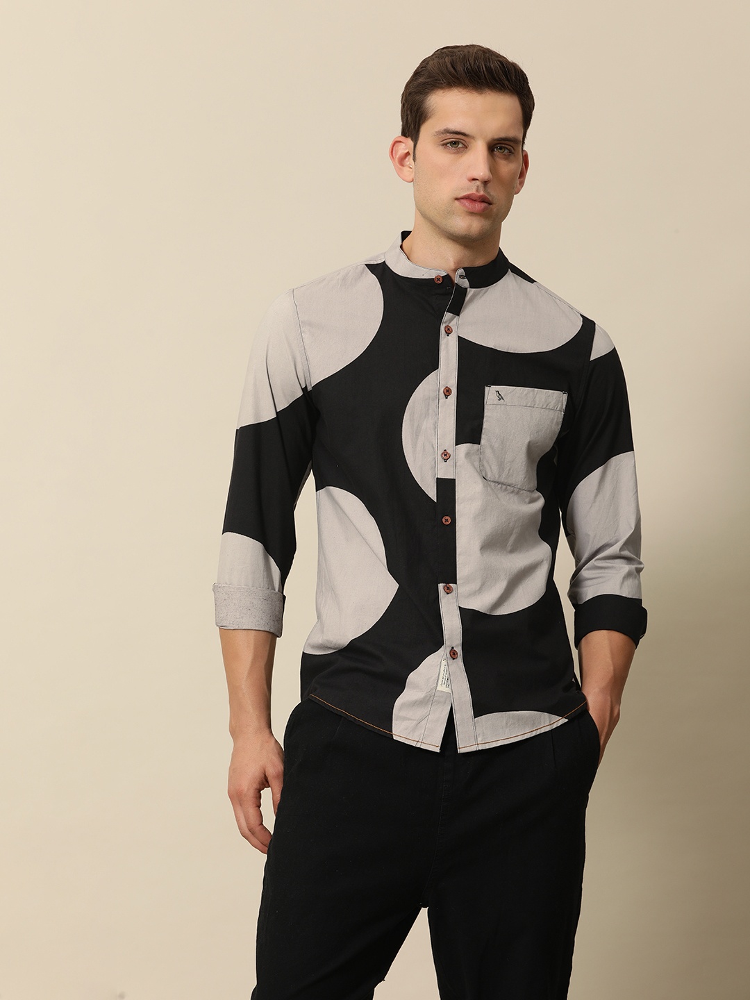 

Mr Bowerbird Pure Cotton Tailored Fit Hand Block Printed Casual Shirt, Black
