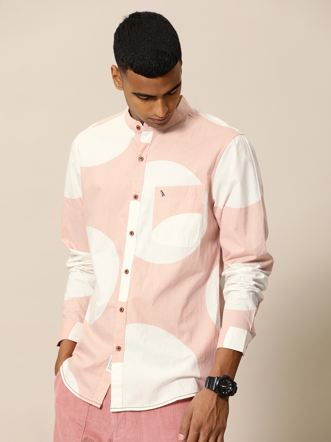 

Mr Bowerbird Tailored Fit Colourblocked Pure Cotton Casual Shirt, Peach