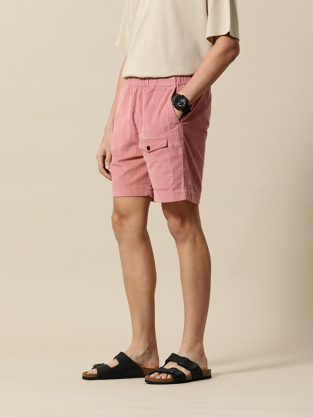 

Mr Bowerbird Men Self-Design Mid-Rise Pure Cotton Corduroy Shorts, Pink