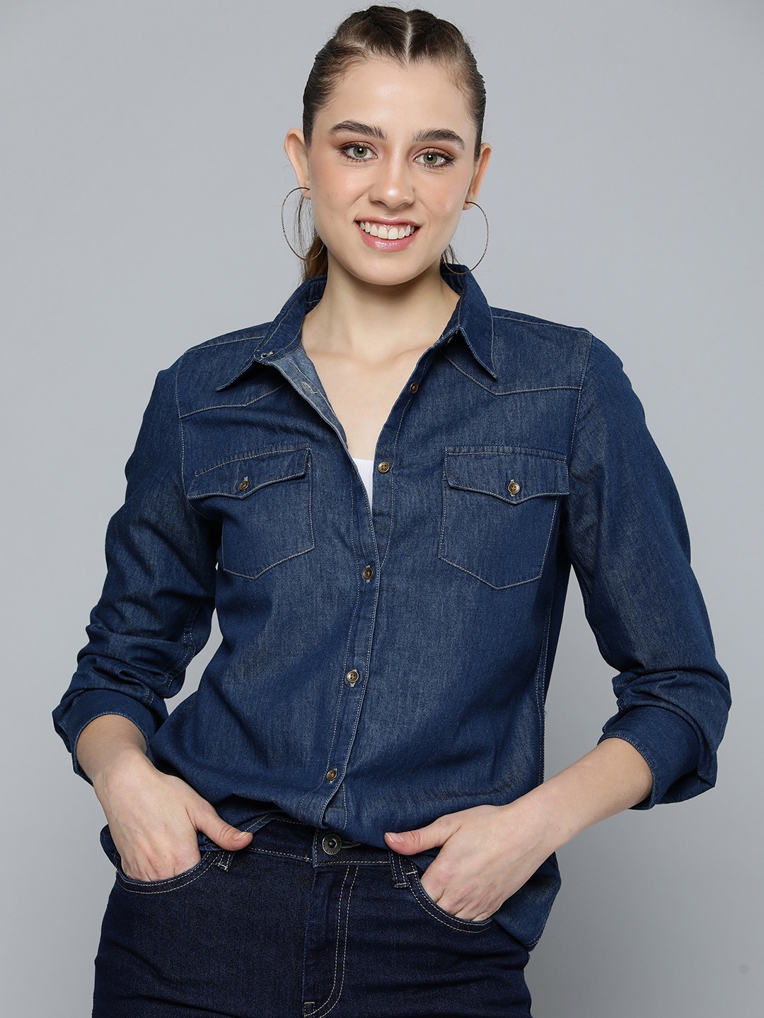 

HERE&NOW Women Pure Cotton Solid Spread Collar Chambray Casual Shirt, Navy blue