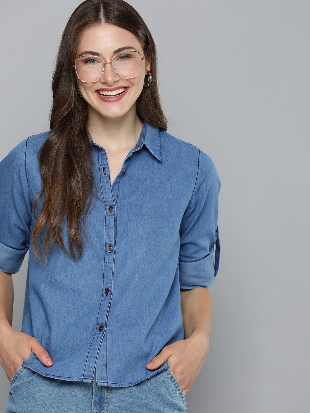 

HERE&NOW Women Pure Cotton Chambray Spread Collar Casual Shirt, Blue