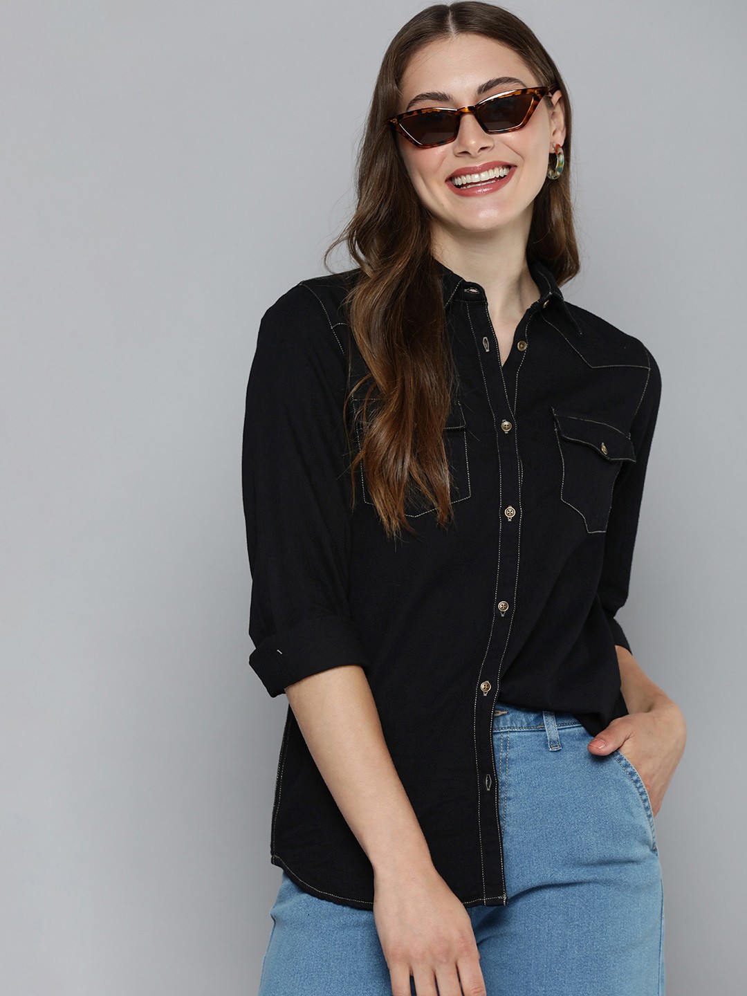 

HERE&NOW Women Pure Cotton Solid Spread Collar Casual Shirt, Black