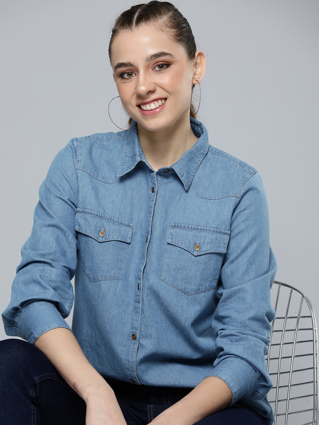 

HERE&NOW Women Pure Cotton Solid Spread Collar Chambray Casual Shirt, Blue