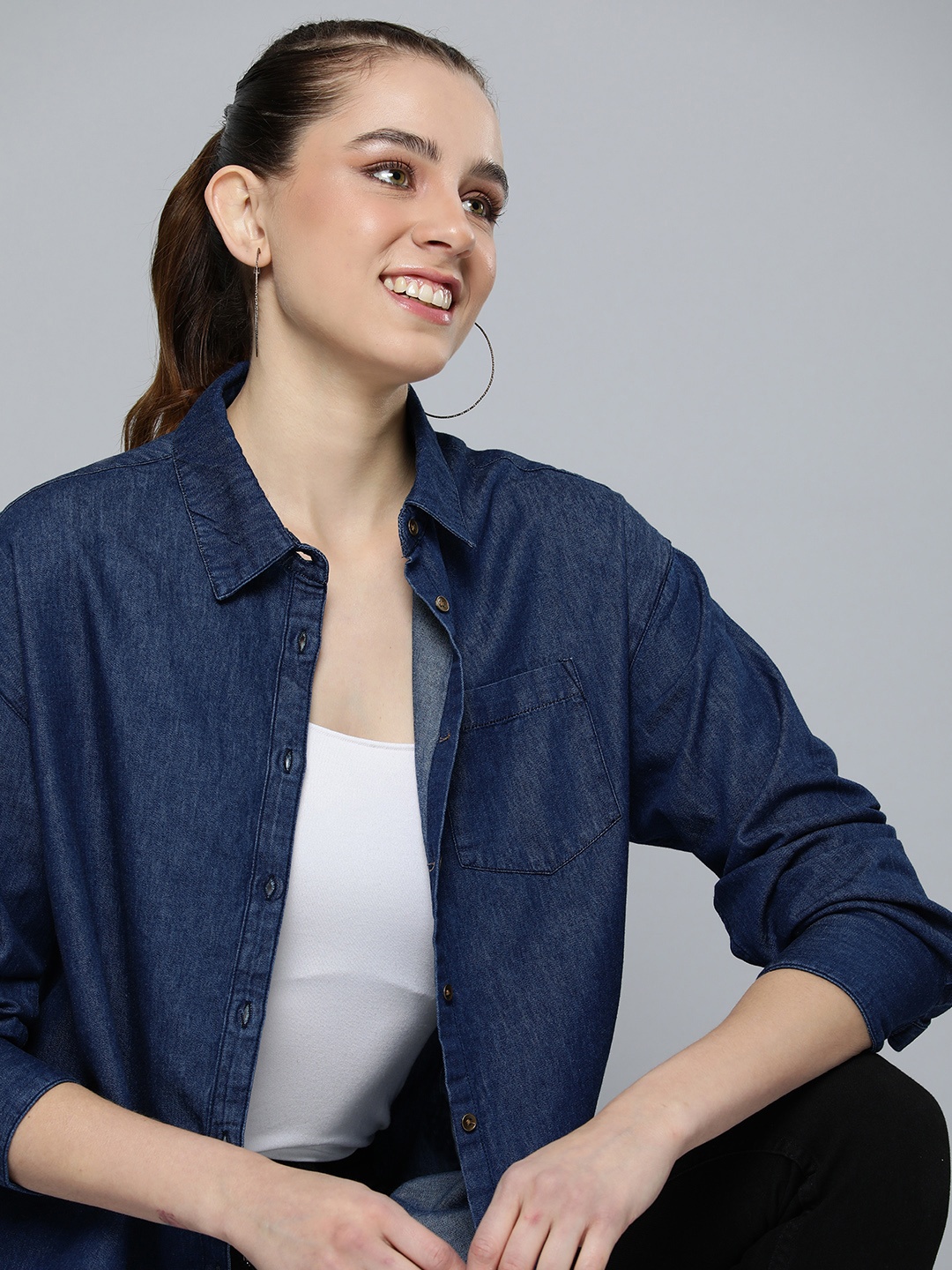 

HERE&NOW Women Pure Cotton Solid Spread Collar Chambray Casual Shirt, Navy blue