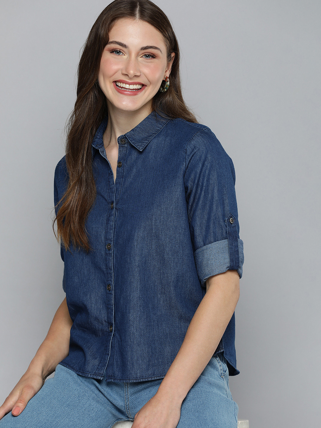 

HERE&NOW Women Pure Cotton Chambray Spread Collar Casual Shirt, Blue