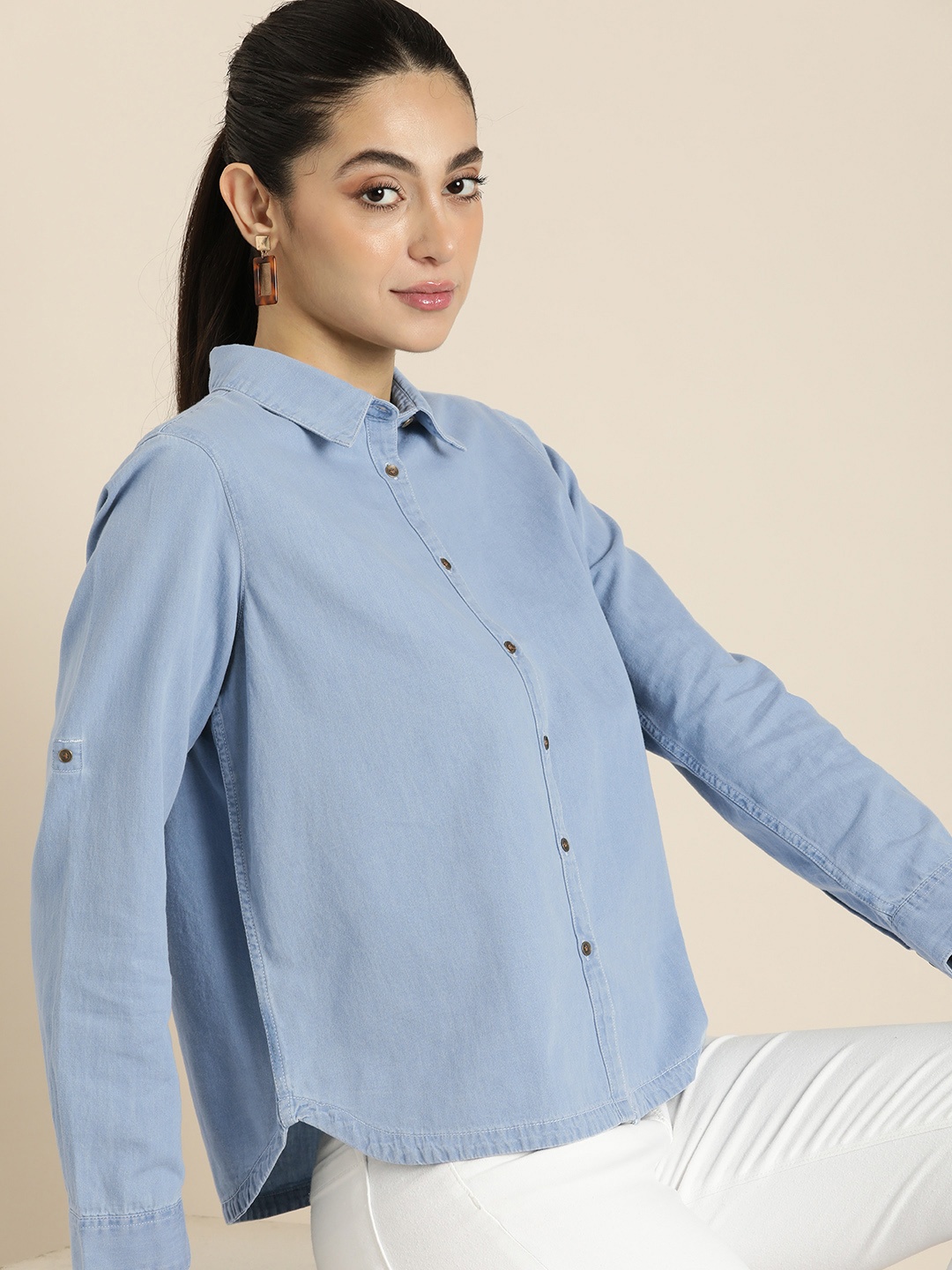 

Moda Rapido Women Pure Cotton Chambray Solid Casual Shirt, Blue