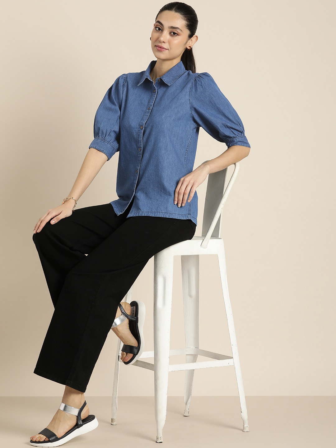 

Moda Rapido Women Pure Cotton Chambray Solid Puff Sleeves Casual Shirt, Blue