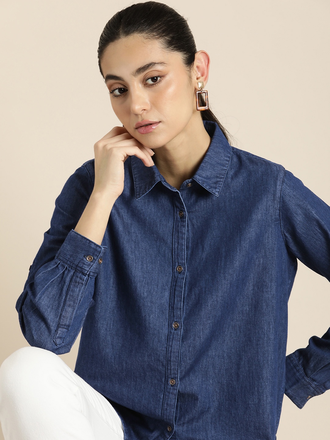 

Moda Rapido Women Pure Cotton Chambray Solid Casual Shirt, Blue