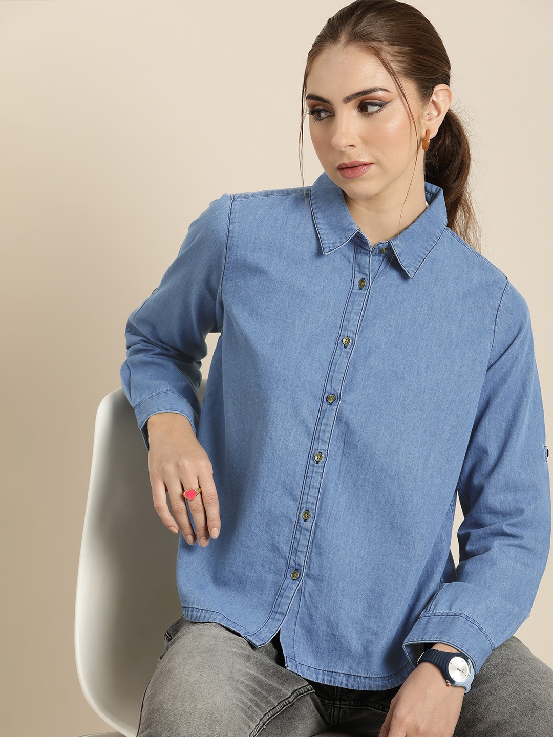 

Moda Rapido Women Pure Cotton Chambray Solid Casual Shirt, Blue
