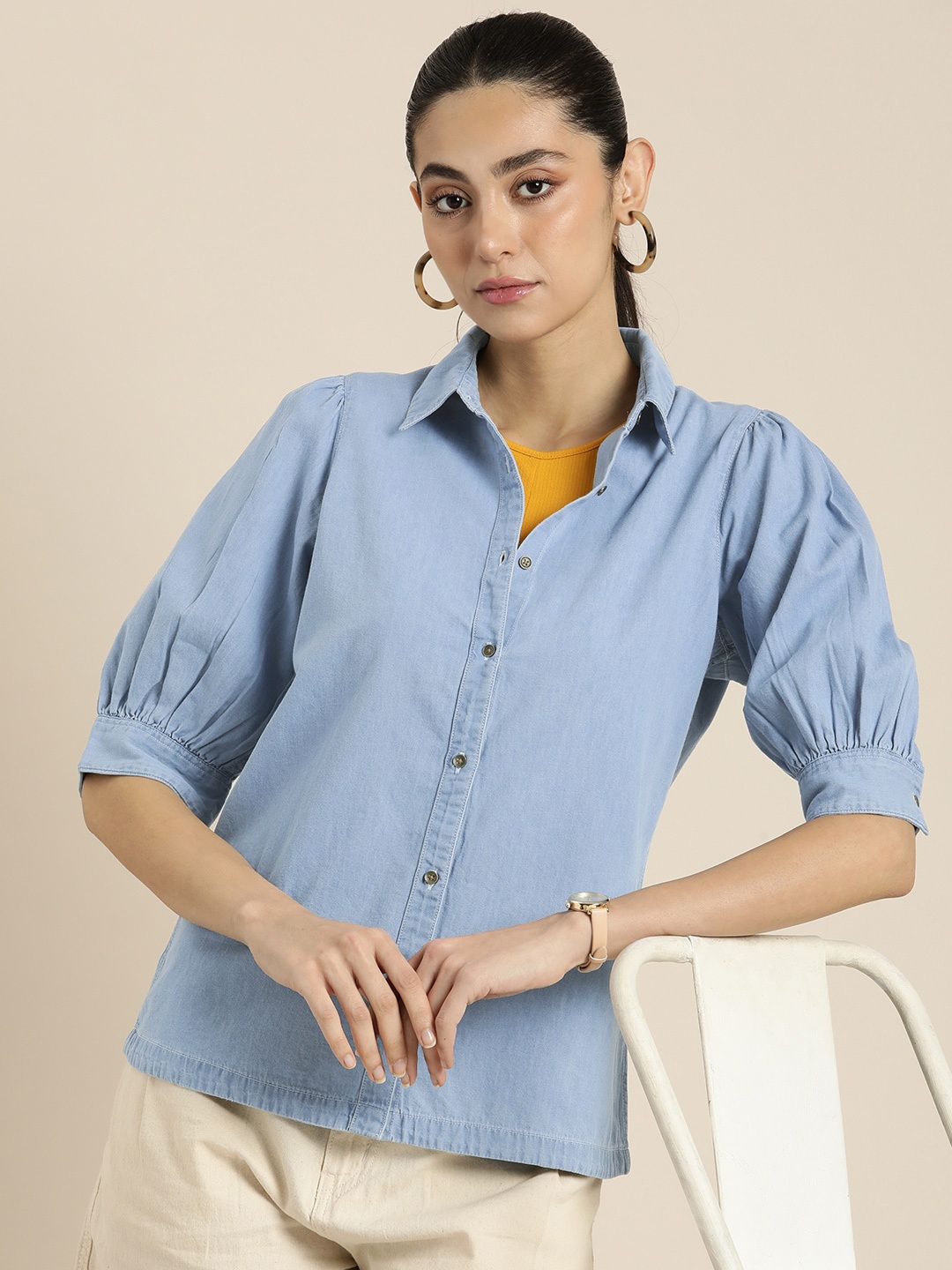 

Moda Rapido Women Pure Cotton Chambray Solid Puff Sleeves Casual Shirt, Blue