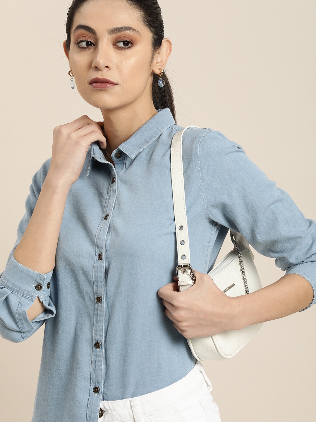 

Moda Rapido Pure Cotton Frayed Hem Chambray Casual Shirt, Blue