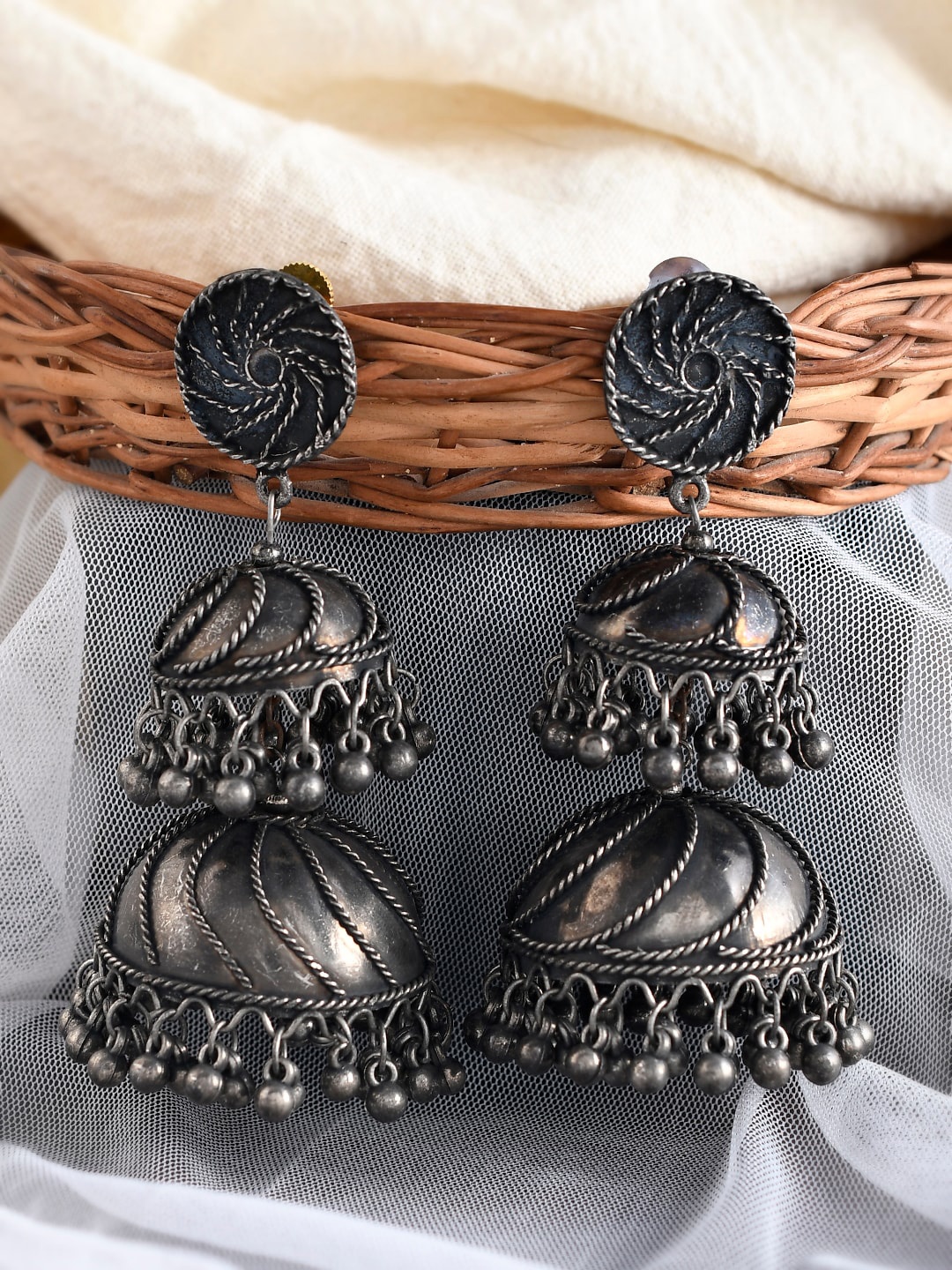 

Shoshaa Silver-Plated Dome Shaped Jhumkas Earrings, Black