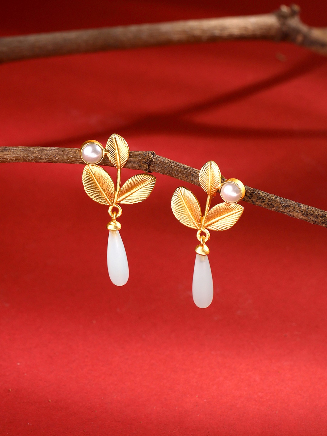 

VIRAASI Gold-Plated Pearl Leaf Shaped Drop Earrings, White