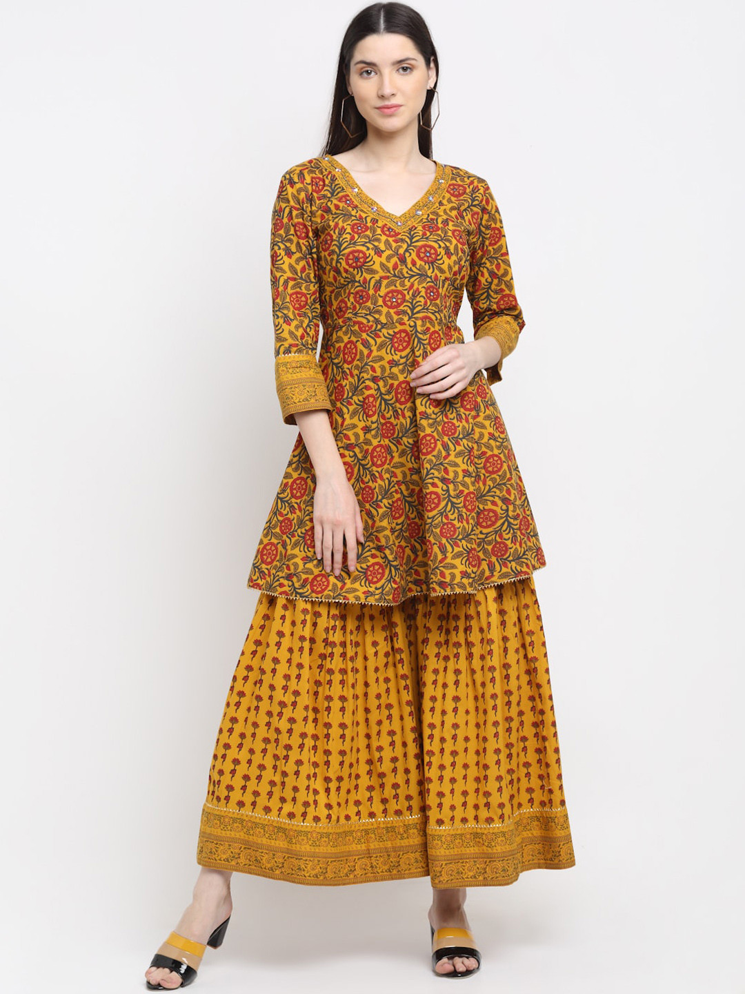 

KALINI Floral Printed Pure Cotton Kurta with Sharara, Mustard