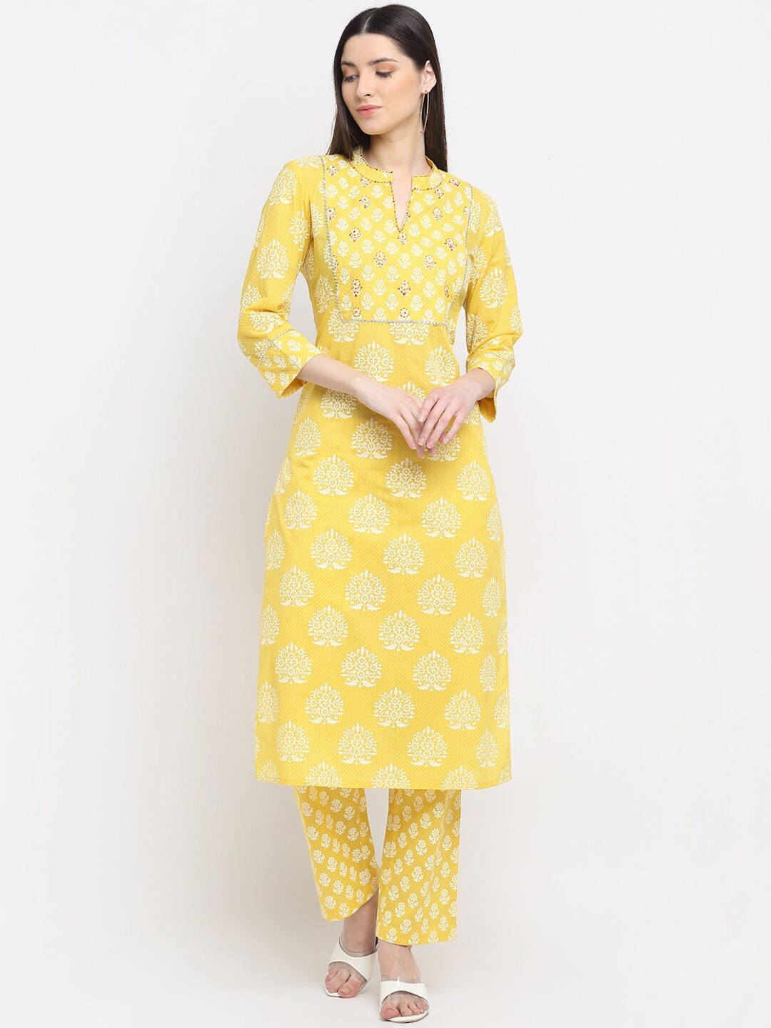 

KALINI Floral Printed Pure Cotton Kurta with Trousers, Yellow