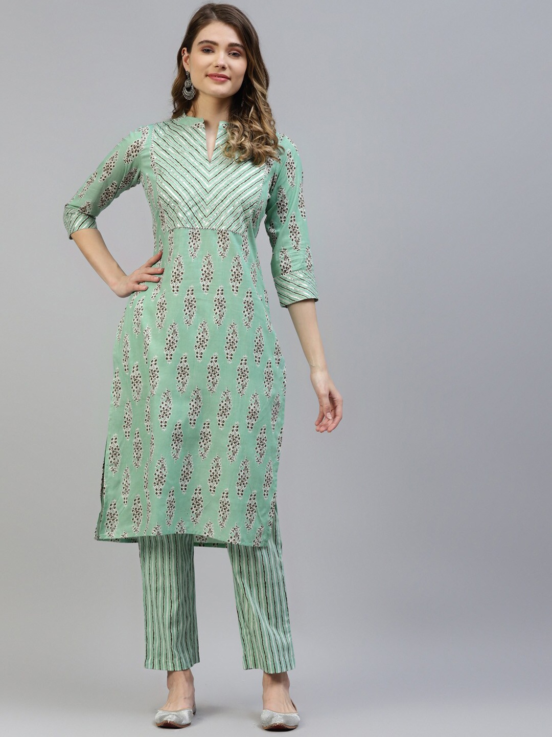

KALINI Floral Printed Pure Cotton Kurta with Trousers, Sea green