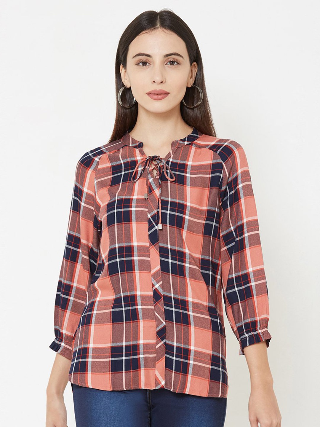 

Kraus Jeans Checked Mandarin Collar Shirt Style Top, Multi