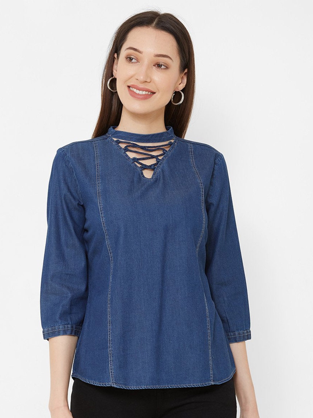 

Kraus Jeans Choker Pure Cotton Neck Top, Blue