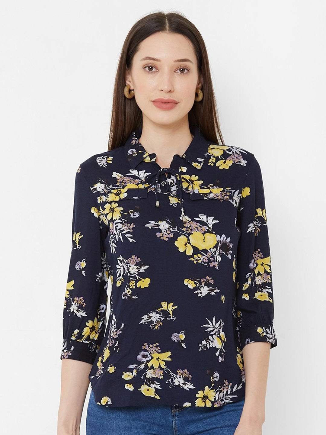 

Kraus Jeans Floral Print Tie-Up Neck Top, Navy blue