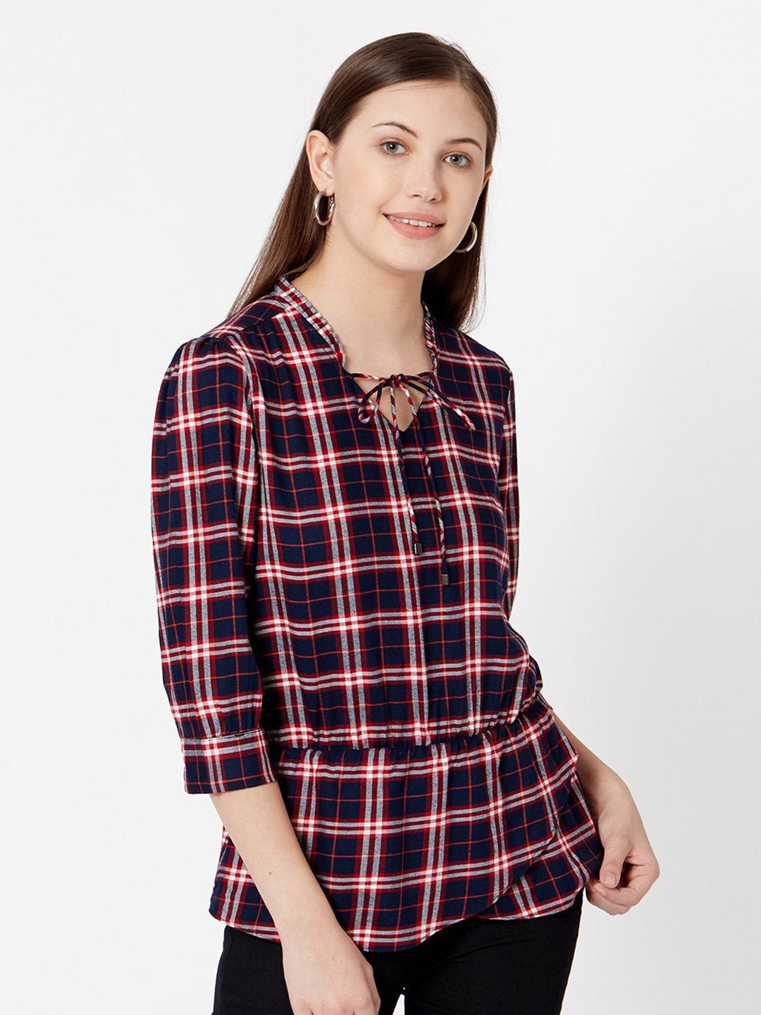 

Kraus Jeans Checked Tie-Up Neck Top, Navy blue