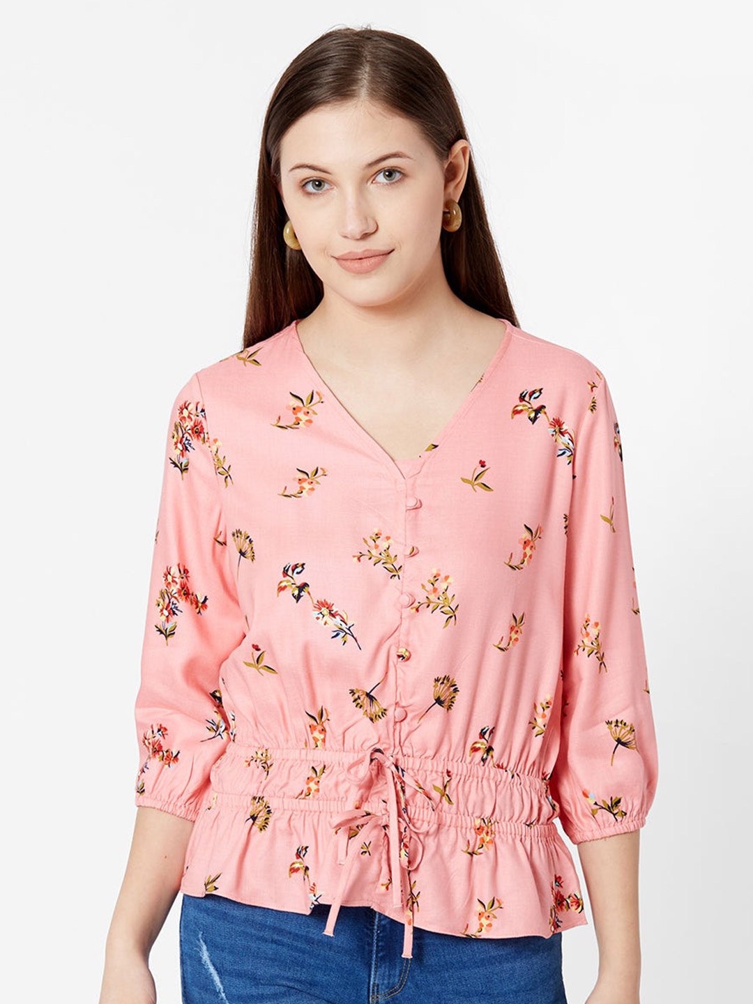 

Kraus Jeans Floral Print Cinched Waist Top, Peach